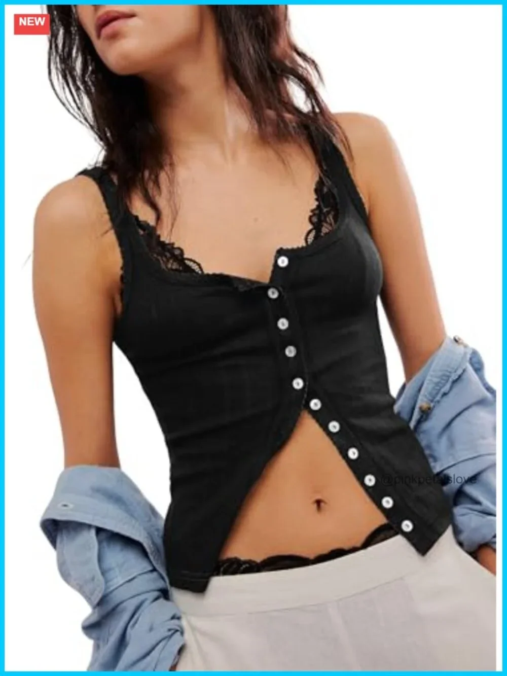 Ribbed Knit Button Front Tank Top Square Neck Picot Trim Slim Fitted Y2K